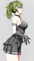 Rule 34 | 1girl, absurdres, armpit peek, ass, bare shoulders, black gloves, breasts, from side, gloves, gomi ningen (81848656), green hair, highres, looking at viewer, medium breasts, one side up, purple eyes, side ponytail, simple background, skirt, sleeveless, smile, smug, solo, sousou no frieren, thighs, ubel (sousou no frieren)