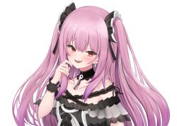 Rule 34 | 1girl, :d, absurdres, bare shoulders, black choker, black dress, blush, choker, collarbone, dress, earrings, eyelashes, fang, fingernails, frilled dress, frilled straps, frills, furrowed brow, gesugao, gothic lolita, hand to own mouth, higashigure, highres, hololive, jewelry, lace, lace choker, lolita fashion, long fingernails, long hair, looking at viewer, nail polish, off-shoulder dress, off shoulder, open mouth, pink hair, red eyes, red nails, see-through, see-through sleeves, sharp fingernails, short sleeves, simple background, skull earrings, smile, smug, solo, two side up, upper body, uruha rushia, uruha rushia (3rd costume), virtual youtuber, white background, wristband
