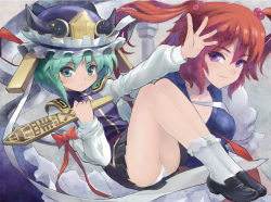 Rule 34 | 2girls, absurdres, bare legs, breasts, female focus, flat chest, green eyes, green hair, hair bobbles, hair ornament, hat, highres, large breasts, legs, loafers, multiple girls, onozuka komachi, outstretched arm, panties, pleated skirt, purple eyes, red hair, ribbon, rod of remorse, shiki eiki, shintanijun, shoes, short hair, skirt, smile, socks, touhou, twintails, two side up, underwear, upskirt, white legwear, white panties