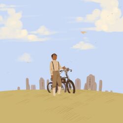 Rule 34 | 1boy, aged down, bicycle, blue background, blue sky, brown hair, brown pants, chengongzi123, closed mouth, cloud, collared shirt, dark-skinned male, dark skin, field, full body, golden kamuy, grass, graveyard, highres, koito otonoshin, long sleeves, male focus, no eyes, no lineart, outdoors, pants, paper, shirt, short hair, sky, solo, standing, suspenders, wide shot, wind