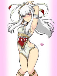 Rule 34 | 1girl, armlet, arms up, blush, breasts, closed mouth, covered erect nipples, dancer, dancer (fire emblem: three houses), deno (denomina0), fire emblem, fire emblem: three houses, highres, long hair, lysithea von ordelia, nintendo, pink eyes, simple background, small breasts, solo, white hair