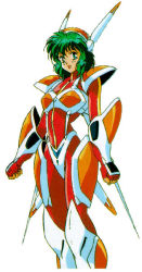Rule 34 | 1990s (style), 1girl, armor, bodysuit, clenched hand, green eyes, green hair, hirano toshihiro, iczelion, iczer (series), kai nagisa, matching hair/eyes, official art, retro artstyle, short hair, smile, solo, standing, white background