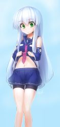 Rule 34 | 10s, 1girl, aoki hagane no arpeggio, artist name, blue background, blue hair, clothes lift, dated, detached sleeves, expressionless, green eyes, highres, holding, iona (aoki hagane no arpeggio), long hair, looking down, midriff, miniskirt, navel, necktie, personification, sailor, shirt lift, signature, sketch, skirt, solo, spandex, standing, tilt-shift (azalanz), very long hair