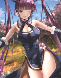Rule 34 | 1girl, bare shoulders, black dress, blue eyes, blue sky, blunt bangs, blush, breasts, china dress, chinese clothes, cleavage, detached sleeves, dress, fate/grand order, fate (series), hair ornament, highres, large breasts, leaf hair ornament, long hair, looking at viewer, one eye closed, open mouth, purple hair, sakazakinchan, side slit, sidelocks, sky, smile, solo, thighs, twintails, very long hair, yang guifei (fate), yang guifei (second ascension) (fate)