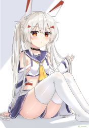 Rule 34 | 1girl, alternate hairstyle, ayanami (azur lane), azur lane, belt, blonde hair, blue skirt, blush, clothes between thighs, commentary request, crop top, detached sleeves, feet out of frame, hair between eyes, hand up, headgear, highres, knees up, long hair, looking at viewer, midriff, pleated skirt, red eyes, school uniform, serafuku, simple background, sironora, sitting, skindentation, skirt, solo, thighhighs, thighs, twintails, very long hair, white background, white belt, white thighhighs
