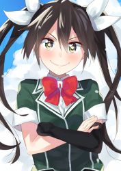 Rule 34 | 1girl, brown hair, crossed arms, elbow gloves, gloves, green eyes, hair between eyes, hair ribbon, kantai collection, long hair, looking at viewer, one-hour drawing challenge, ribbon, single elbow glove, single glove, smile, solo, star-shaped pupils, star (symbol), symbol-shaped pupils, tonarikeru, tone (kancolle), twintails, white ribbon
