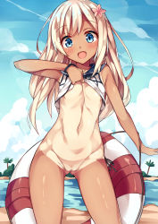 Rule 34 | 10s, 1girl, alternate costume, arm at side, beach, blonde hair, blue eyes, blush, bottomless, bracelet, breasts, clitoris, clothes lift, cowboy shot, female focus, flower, gluteal fold, groin, hair flower, hair ornament, hibiscus, highres, jewelry, kantai collection, lifebuoy, lifted by self, long hair, nude filter, one-piece tan, open mouth, outdoors, pussy, ro-500 (kancolle), sailor collar, shirt lift, small breasts, solo, swim ring, tan, tanline, thighs, third-party edit, tongue, unacchi (nyusankin), uncensored