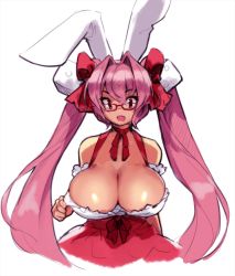 Rule 34 | 1girl, animal ears, bow, breasts, choker, cleavage, detached sleeves, di gi charat, dice hair ornament, dress, eu03, fang, glasses, hair bow, hair ornament, highres, huge breasts, impossible clothes, impossible dress, long hair, pink hair, rabbit ears, red-framed eyewear, red bow, red eyes, ribbon choker, solo, strapless, strapless dress, usada hikaru, white background