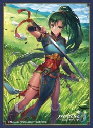 Rule 34 | 1girl, adapted costume, aqua eyes, boots, cloud, cloudy sky, company name, copyright name, cuboon, earrings, female focus, fire emblem, fire emblem: the blazing blade, fire emblem cipher, fur, fur boots, grass, green eyes, green hair, holding, holding sword, holding weapon, jewelry, knee boots, long hair, looking at viewer, lyn (fire emblem), matching hair/eyes, nintendo, pelvic curtain, ponytail, short sleeves, side slit, sky, smile, solo, standing, sword, tent, weapon, wristband, yurt