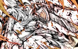 Rule 34 | 1boy, chainsaw, chainsaw man, collared shirt, denji (chainsaw man), facing to the side, highres, hybrid, monochrome, open clothes, orange theme, satomaru31000, sharp teeth, shirt, simple background, sleeves rolled up, smoke, solo, spot color, teeth, white background