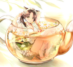 Rule 34 | 1girl, absurdres, animal ear fluff, animal ears, artist name, bare legs, black footwear, blush, breasts, brown hair, cat ears, cleavage, cup, flower, food, frills, fruit, geta, green eyes, green skirt, hairdressing, highres, in container, in cup, japanese clothes, kimono, kneehighs, knees up, long hair, long sleeves, looking at viewer, maid, maid headdress, mini person, minigirl, original, parted bangs, parted lips, partially submerged, pierorabu, skirt, smile, socks, sparkle, strawberry, tea, teapot, tying hair, wa maid, white flower, white kimono, white socks, wide sleeves