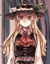 Rule 34 | 1girl, :|, ascot, blonde hair, breasts, brown hat, brown vest, close-up, closed mouth, collared shirt, commentary request, curtains, expressionless, fedora, frilled hat, frilled sleeves, frills, hat, hat feather, highres, indoors, jacket girl (dipp), jun harukawa, long hair, long sleeves, looking at viewer, red ascot, red eyes, shirt, small breasts, solo, touhou, vest, white shirt, window