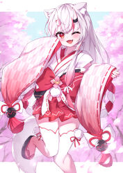 Rule 34 | 1girl, ;d, absurdres, animal ear fluff, animal ears, black footwear, blue sky, commentary request, day, fang, feet out of frame, gradient hair, hair between eyes, highres, hololive, horns, japanese clothes, kimono, long hair, long sleeves, looking at viewer, masaki (msk064), multicolored hair, nakiri ayame, nakiri ayame (shrine maiden), one eye closed, oni, open mouth, petals, pinching sleeves, pleated skirt, print sleeves, red eyes, red hair, red skirt, ribbon trim, sandals, skin-covered horns, skirt, sky, sleeves past fingers, sleeves past wrists, smile, solo, standing, standing on one leg, streaked hair, tabi, thighhighs, very long hair, virtual youtuber, white hair, white kimono, white thighhighs, wide sleeves, yagasuri, zouri