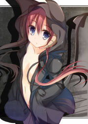 Rule 34 | 1girl, blue eyes, center opening, demon girl, demon horns, demon tail, flat chest, hands in pockets, highres, hood, hoodie, horns, looking at viewer, navel, nozomi tsubame, open clothes, open hoodie, original, parka, parted lips, red hair, silhouette, solo, standing, tail