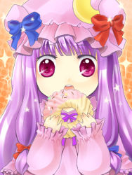Rule 34 | 1girl, bad id, bad pixiv id, doughnut, eating, female focus, food, hat, ice 9 kingdom, long hair, mob cap, mocha (ng), open mouth, patchouli knowledge, purple eyes, purple hair, solo, sparkle, star (symbol), touhou