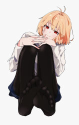 Rule 34 | 1girl, absurdres, ahoge, arcueid brunestud, bad feet, black pantyhose, blue skirt, citron80citron, closed mouth, commentary request, eyelashes, feet, full body, grey background, hair between eyes, hands on own knees, head tilt, highres, interlocked fingers, knees up, leaning to the side, legs, long sleeves, looking at viewer, medium hair, pantyhose, pleated skirt, red eyes, shadow, shirt, sidelocks, signature, sitting, skirt, smile, soles, solo, toes, tsukihime, tsukihime (remake), white shirt