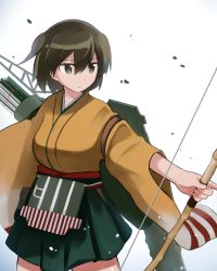 Rule 34 | 10s, 1girl, arrow (projectile), bow (weapon), brown eyes, brown hair, gradient background, green skirt, hiryuu (kancolle), holding, holding weapon, japanese clothes, kantai collection, kinosaki (green patio), long sleeves, one side up, pleated skirt, quiver, short hair, skirt, solo, weapon, wide sleeves
