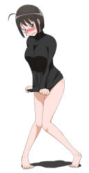 Rule 34 | 10s, 1girl, barefoot, blaccura, black hair, blush, breasts, covering privates, covering crotch, embarrassed, feet, glasses, large breasts, looking at viewer, no pants, open mouth, servant x service, short hair, simple background, sweater, yamagami lucy