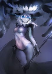 Rule 34 | 10s, 1girl, absurdres, abyssal ship, blue eyes, blurry, bodysuit, breasts, cape, contrapposto, dark background, gloves, grey background, hand on own hip, hat, highres, holding, holding staff, hometa, impossible bodysuit, impossible clothes, kantai collection, legs together, long hair, looking at viewer, small breasts, solo, staff, standing, tentacles, thighhighs, white hair, wo-class aircraft carrier