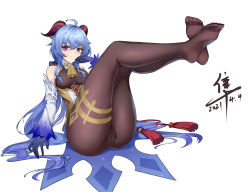 Rule 34 | 1girl, absurdres, ahoge, bell, black gloves, blue hair, bodysuit, bodysuit under clothes, breasts, brown bodysuit, cameltoe, commentary, cowbell, dated, detached sleeves, feet, full body, ganyu (genshin impact), genshin impact, gloves, goat horns, hair between eyes, hand up, hanker, highres, horns, long hair, long sleeves, looking at viewer, medium breasts, neck bell, no shoes, pantyhose, purple eyes, signature, smile, soles, solo, tassel, toes, very long hair