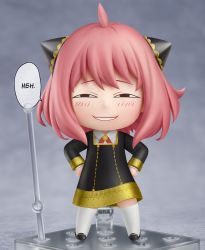 Rule 34 | 1girl, absurdres, ahoge, anya&#039;s heh face (meme), anya (spy x family), chibi, child, eyebrows, faux figurine, full body, half-closed eyes, hands on own hips, highres, kneehighs, long sleeves, looking at viewer, meme, nendoroid, parted lips, pink hair, shiori2525, short hair, smile, smug, socks, solo, speech bubble, spy x family, white socks