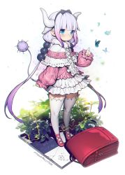 Rule 34 | 10s, 1girl, backpack, bag, beads, blue eyes, blunt bangs, blush, bug, butterfly, capelet, chromatic aberration, commentary request, dragon girl, dragon horns, dress, hair beads, hair ornament, hairband, horns, insect, kanna kamui, kobayashi-san chi no maidragon, light purple hair, long hair, looking at viewer, mandrill, randoseru, solo, standing, tail, thighhighs, twintails, white thighhighs