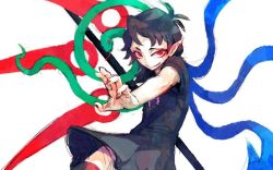 Rule 34 | 1girl, asymmetrical wings, black dress, black hair, dress, fang, houjuu nue, looking at viewer, meimaru inuchiyo, outstretched arm, pointy ears, red eyes, short hair, slit pupils, smile, snake, solo, touhou, white background, wings