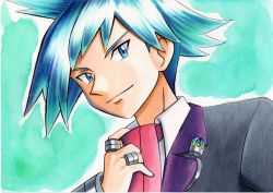 Rule 34 | 1boy, adjusting neckwear, black jacket, blue eyes, blue hair, closed mouth, collared shirt, commentary request, creatures (company), game freak, green background, grey jacket, highres, jacket, jewelry, male focus, necktie, nintendo, oka mochi, pokemon, pokemon oras, ring, shirt, short hair, smile, solo, spiked hair, steven stone, traditional media, upper body, white shirt