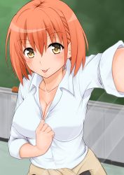 Rule 34 | 1girl, :p, absurdres, airi (satosi), blush, breasts, chalkboard, classroom, cleavage, clothes around waist, clothes pull, collarbone, earrings, highres, jewelry, large breasts, looking at viewer, no bra, orange hair, original, reaching, reaching towards viewer, satosi, school, school uniform, selfie, shirt pull, short hair, sleeves rolled up, solo, stud earrings, tongue, tongue out, upper body, yellow eyes