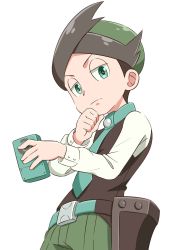 Rule 34 | 1boy, belt, black hair, blue eyes, bow, bowtie, buttons, closed mouth, creatures (company), frown, game freak, hand on chin, highres, looking at viewer, male focus, necktie, nintendo, pokemon, pokemon dppt, pokemon platinum, shadow, simple background, solo, solo focus, thorton (pokemon), tjugemu, white background