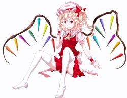 Rule 34 | 1girl, female focus, flandre scarlet, furagu, highres, jpeg artifacts, sitting, solo, thighhighs, touhou, white thighhighs, wings