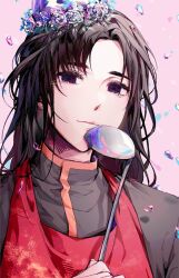 Rule 34 | 1boy, apron, black eyes, black hair, black shirt, closed mouth, falling petals, flower trim, happy, happy tears, hat, holding, holding ladle, kimi ga shine, ladle, light blush, long hair, looking at viewer, male focus, parted bangs, party hat, petals, pink background, red apron, saesoon dobby, satou kai, shirt, smile, solo, tearing up, tears, upper body