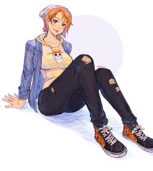 Rule 34 | 1girl, artist name, beanie, black pants, blue jacket, breasts, brown eyes, casual, collarbone, commentary, crop top, english commentary, hat, highres, hooded shirt, jacket, jolly roger, large breasts, long hair, looking at viewer, nami (one piece), one piece, orange hair, pants, shirt, shoes, short hair, sitting, sneakers, solo, straw hats jolly roger, tongue, tongue out, torn clothes, torn pants, vans, yellow shirt, yoyoleif