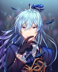 Rule 34 | 1boy, black gloves, blue feathers, blue hair, blue jacket, blurry, blurry background, braid, collared shirt, commentary request, depth of field, doomie1, ensemble stars!, feather hair ornament, feathers, finger to mouth, frilled jacket, frills, gloves, hair ornament, hand up, hibiki wataru, highres, jacket, long hair, long sleeves, looking at viewer, male focus, pin, purple eyes, shirt, solo, upper body