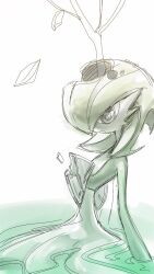 Rule 34 | 1girl, ame (metorui), bare tree, bob cut, body horror, colored skin, creatures (company), female focus, flat chest, game freak, gardevoir, gen 3 pokemon, green hair, green skin, grey eyes, hair over one eye, highres, hole in head, hole on body, leaf, leaning back, multicolored skin, muted color, nintendo, one eye covered, open mouth, partially submerged, pokemon, pokemon (creature), ripples, short hair, simple background, sketch, solo, tree, two-tone skin, upper body, water, white background, white skin
