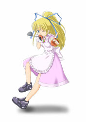 Rule 34 | 1girl, apron, blonde hair, blue eyes, breasts, dress, fingerless gloves, frills, gloves, ladle, lilith aileron, long hair, ponytail, shitan, shoes, tales of (series), tales of destiny