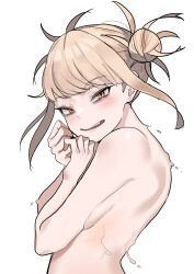 Rule 34 | 1girl, absurdres, bags under eyes, blonde hair, blunt bangs, boku no hero academia, covering privates, covering breasts, double bun, hair bun, hands up, highres, looking at viewer, messy hair, nude, sidelocks, simple background, slit pupils, smile, toga himiko, upper body, white background, yellow eyes, zd (pixiv6210083)