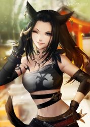 Rule 34 | 1girl, animal ears, asymmetrical gloves, bandeau, black hair, blue eyes, blurry, blurry background, cat ears, cat tail, choker, commission, earrings, elbow gloves, final fantasy, final fantasy xiv, fingerless gloves, gloves, jewelry, leirix, lips, long hair, midriff, miqo&#039;te, mismatched gloves, monk (final fantasy), navel, necklace, one eye closed, parted lips, ponytail, signature, single elbow glove, smile, solo, tail, tattoo, upper body, watermark, web address