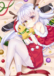 Rule 34 | 1girl, :&lt;, absurdres, ahoge, antlers, arlene (ju), azur lane, bare shoulders, blush, brown eyes, capelet, christmas, christmas ornaments, closed mouth, commentary request, dress, fake antlers, feet out of frame, fur-trimmed capelet, fur-trimmed headwear, fur trim, green scarf, hair between eyes, hand puppet, hands up, hat, hetero, heterochromia, highres, horns, long hair, looking at viewer, lying, nicholas (azur lane), nicholas (surprise!?) (azur lane), no shoes, on side, pantyhose, puppet, red capelet, red dress, red eyes, red hat, red ribbon, reindeer antlers, ribbon, santa costume, santa hat, scarf, silver hair, solo, star (symbol), sweater, sweater dress, thighband pantyhose, torpedo, very long hair, white pantyhose