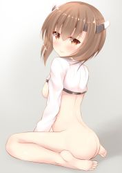 Rule 34 | 10s, 1girl, absurdres, ass, back, bare legs, barefoot, blush, bottomless, breasts, brown eyes, brown hair, clothes lift, commentary request, feet, go-1, hair between eyes, headband, headgear, highres, kantai collection, long sleeves, naked shirt, revision, shirt, shirt lift, short hair, sideboob, sitting, small breasts, solo, taihou (kancolle), wariza
