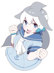 Rule 34 | 10s, blue eyes, blush, cetacean tail, common bottlenose dolphin (kemono friends), fins, fish tail, from above, kemono friends, ko1mitaka, looking at viewer, multicolored hair, neckerchief, open mouth, short hair, short sleeves, solo, tail, white neckerchief