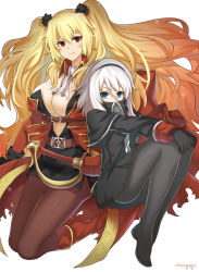 Rule 34 | 2girls, absurdres, anne bonny (fate), belt, black gloves, black legwear, blonde hair, blue eyes, boots, breasts, brown legwear, cleavage, fate/grand order, fate (series), gloves, highres, knee boots, large breasts, long hair, looking at viewer, makise minami, mary read (fate), multiple girls, pantyhose, red eyes, red footwear, sheath, sheathed, short hair, silver hair, simple background, smile, sword, twintails, weapon, white background