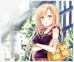 Rule 34 | 1girl, bag, bare arms, bare shoulders, blonde hair, blurry, blurry background, blush, breasts, brown skirt, closed mouth, collarbone, commentary request, crossed arms, day, depth of field, earrings, grey eyes, hair between eyes, highres, jewelry, long hair, medium breasts, mutang, original, outdoors, parted bangs, purple shirt, shirt, skirt, sleeveless, sleeveless shirt, solo, upper body, v-shaped eyebrows, very long hair