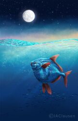 animal animal_focus animal_request artist_name commentary english_commentary fish full_moon highres jacsciart moon night night_sky no_humans ocean original outdoors realistic scenery school_of_fish sky star_(sky) water watermark