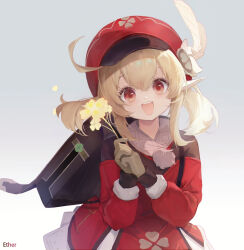 Rule 34 | &amp;ether, 1girl, :d, ahoge, artist name, backpack, bag, blonde hair, brown gloves, brown scarf, cabbie hat, chinese commentary, clover print, coat, commentary, commentary request, dress, english text, flower, genshin impact, gloves, hair between eyes, hat, hat feather, holding, holding flower, klee (genshin impact), light brown hair, long hair, long sleeves, looking at viewer, low twintails, open mouth, pointy ears, red coat, red eyes, red hat, scarf, sidelocks, simple background, smile, solo, twintails, white background