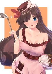 Rule 34 | 1girl, ;d, apron, bad id, bad pixiv id, bare arms, bare shoulders, blue eyes, blush, breasts, brown background, brown hair, brown hat, commentary request, curry, curry rice, food, furukawa itsuse, hat, head tilt, highres, iriam, long hair, medium breasts, mini hat, naked apron, one eye closed, open mouth, original, parted bangs, pink apron, plate, red ribbon, ribbon, rice, round teeth, smile, solo, sparkle, teeth, two-tone background, upper teeth only, very long hair, virtual youtuber, white background
