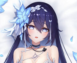 Rule 34 | 1girl, bare shoulders, chest tattoo, choker, detached sleeves, flower, hair between eyes, hair flower, hair ornament, honkai (series), honkai impact 3rd, long hair, looking at viewer, mixed-language commentary, petals, seele vollerei, seele vollerei (herrscher of rebirth), simple background, solo, tattoo, white background, xfate