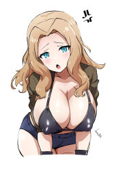 Rule 34 | 1girl, anger vein, artist name, batta 16-sei, bent over, bikini, bikini top only, black bikini, black gloves, blonde hair, blue eyes, blue shorts, blush, breasts, brown jacket, cleavage, commentary, covered erect nipples, cowboy shot, frown, girls und panzer, gloves, hair intakes, half-closed eyes, halterneck, highres, huge breasts, jacket, kay (girls und panzer), large breasts, leaning forward, looking at viewer, medium hair, micro shorts, open clothes, open jacket, open mouth, shorts, signature, simple background, solo, standing, swimsuit, white background