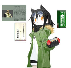 Rule 34 | animal ears, black gloves, black hair, black scarf, black shorts, blush, capsule, chrogire/girection, coat, commentary request, cowboy shot, from side, fur-trimmed coat, fur trim, gloves, goggles, goggles on head, green coat, hand up, holding, inset, jet set radio, kemonomimi mode, kokaki mumose, long sleeves, looking at viewer, looking to the side, open clothes, open coat, open mouth, rokkaku gouji, scarf, shirt, shorts, shorts rolled up, simple background, translation request, vet (chrogire), white background, white shirt, yellow eyes