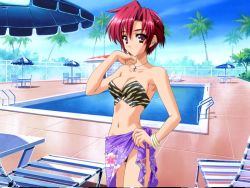 Rule 34 | 1girl, arm up, brown eyes, chain-link fence, chair, cowboy shot, cross, cross necklace, day, fence, game cg, jewelry, jpeg artifacts, lounge chair, necklace, non-web source, outdoors, palm tree, parasol, pool, pool ladder, poolside, red hair, sarong, short hair, solo, standing, tachi-e, tree, umbrella